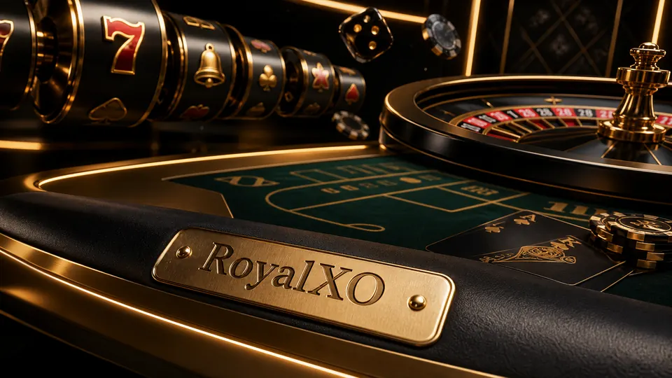 RoyalXO igralna scena z ruleto, kartami in gravirano ploščico